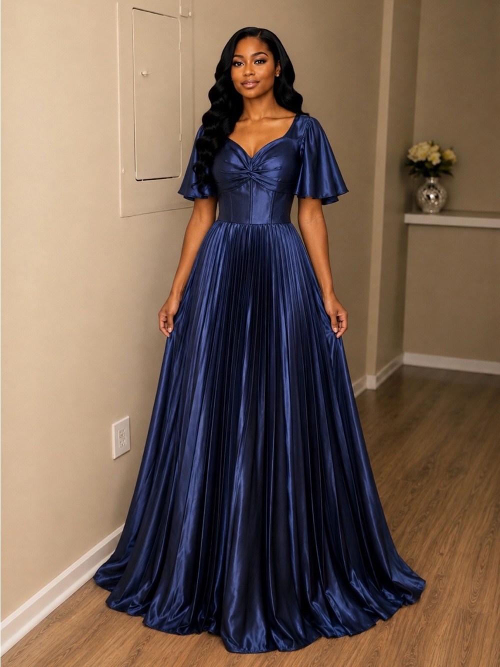 Navy Satin Pleated Maxi Dress